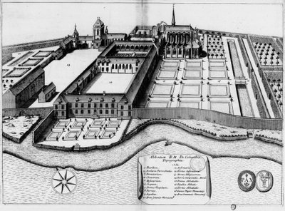 Engraved Plate of the 17th Century Representing the Abbey of Notre-Dame de Coulombs by Michel Germain